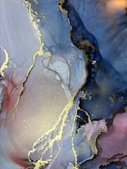 Abstract blue background with gold — fluid art texture made with alcohol ink and golden potal. Blue with purple natural art backdrop resembles marble or abstract aquarelle sea, ocean, water, splash.