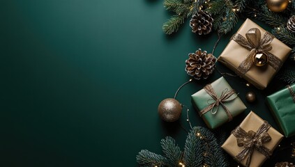 Naklejka premium Christmas gifts, pine cones, and greenery on a dark green background