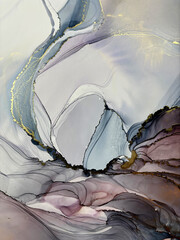 Abstract blue background with gold &mdash; fluid art texture made with alcohol ink and golden potal. Blue with purple natural art backdrop resembles marble or abstract aquarelle sea, ocean, water, splash.