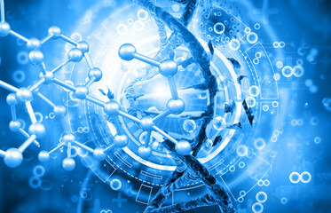 Atom molecules and dna strand on scientific background. 3d illustration