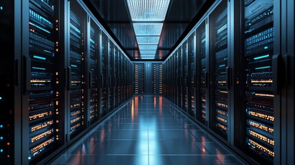 Server room data center. Backup, mining, hosting, mainframe, farm and computer rack with storage information. 3d render