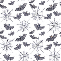 Webs and gray bats in a black watercolor illustration seamless pattern. Designed for Halloween-themed textiles, printable decor, and seasonal surface design applications.