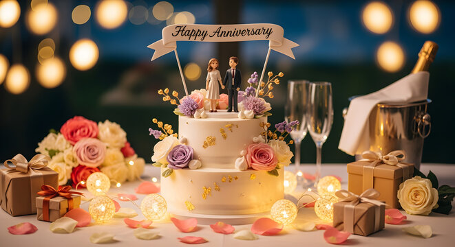 Luxury floral frame happy anniversary background with sparkling stars and romantic festive elements for digital card design
