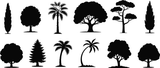 Tree silhouettes vector, forest nature set, tropical palm icons, evergreen pine illustration, deciduous tree design, eco collection, botanical elements