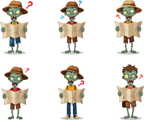 Confused cartoon zombie characters reading map, funny lost traveler concept, undead tourist illustration, spooky direction theme, Halloween humor design
