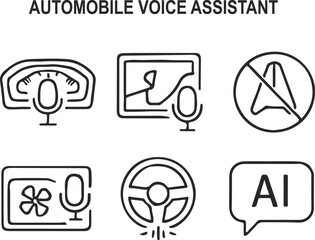 Automobile Voice Assistant Outline Icons – Car Dashboard Mic, GPS Voice Control, Hands-Free Driving, Voice AC, Steering Wheel Soundwave, In-Car AI Assistant