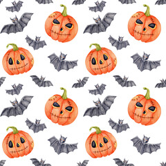 Smiling jack-o'-lanterns with cartoon faces and gray bats in a fun Halloween watercolor illustration seamless pattern. Ideal for textile prints, stickers, and themed invitations.