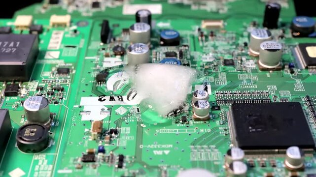 Miyagi Prefecture, Time-lapse video of ice melting on a circuit board, symbolizing hardware fragility, environmental risks, and the irreversible nature of technological and ecological challenges.