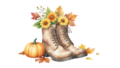 Brown leather lace-up boots filled with autumn leaves and seasonal decor isolated on white background