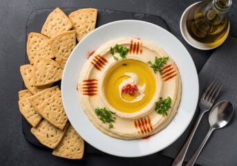 Creamy hummus with olive oil, paprika and pita chips on white plate &mdash; Mediterranean dip