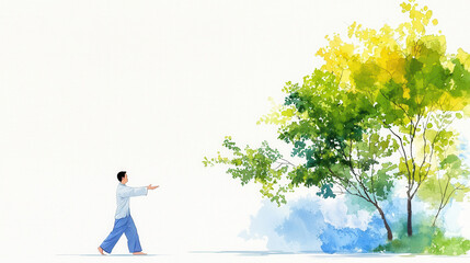 Serene scene depicting person walking towards vibrant tree, showcasing harmony with nature and tranquility