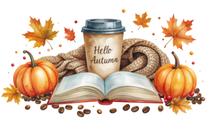 Autumn scene with takeaway coffee cup labeled "Hello Autumn" surrounded by fall leaves isolated on white background