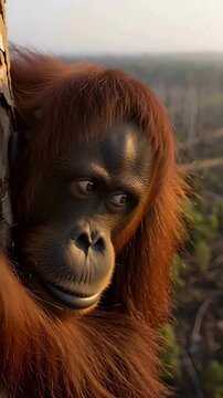 Orangutan Clinging to Tree Amidst Deforestation &ndash; Emotional Vertical Motion