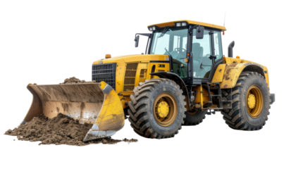 Yellow construction front loader with heavy-duty design and machinery features isolated on white background