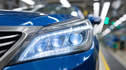 An automotive lighting manufacturing facility produces modern LED headlights. The assembly line also integrates advanced driver-assistance system (ADAS) sensors into the lighting