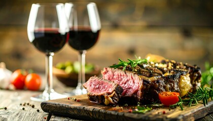 Grilled steak chops and vegetables with a glass of red wine for a gourmet dinner