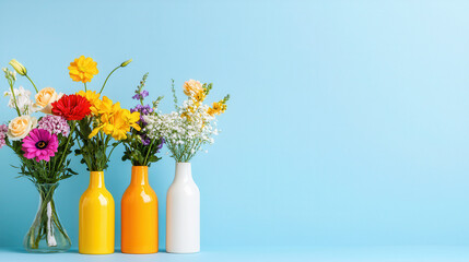 Bright and colorful flowers in vases against blue background create cheerful and vibrant atmosphere, perfect for any occasion