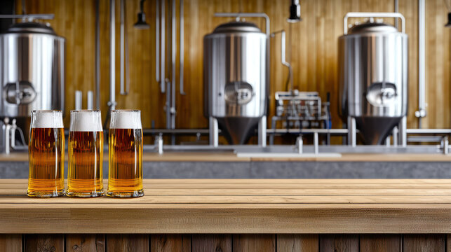 Craft beer in glasses on wooden bar with brewing equipment in background, showcasing modern brewery atmosphere