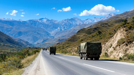 Scenic view of highway with military trucks traveling through mountainous landscape, showcasing beauty of nature and transportation