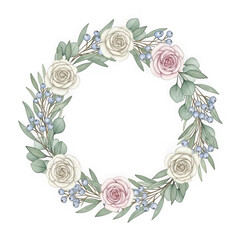 Delicate floral wreath with soft roses and eucalyptus on black