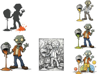 Funny cartoon zombie pouring paint, creative undead character art, colorful horror illustration, paint splash, spooky humor, Halloween themed artwork
