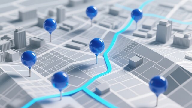 A modern 3d map in grayscale with glossy cobalt blue pins linked by glowing blue route line, showing navigation and route optimization software, route planner, route software