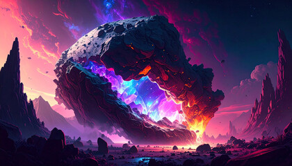 Cosmic Nexus: A breathtaking digital artwork showcases a massive, otherworldly object hovering amidst a vibrant, surreal landscape with nebulae in the sky.