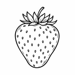 Detailed line drawing of a ripe strawberry with seeds and leafy top