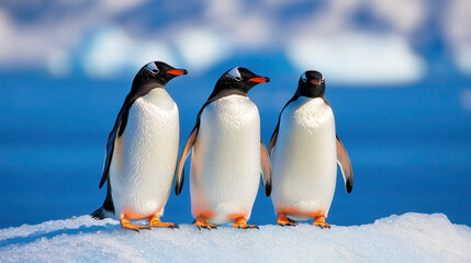 Fototapeta premium Gentoo penguins standing on ice in cold environment, showcasing their distinctive black and white feathers and orange beaks