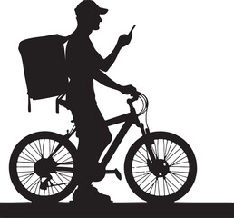 Fototapeta premium Silhouette of Bicycle Courier with Delivery Bag Using Smartphone, Food Delivery and Urban Transport