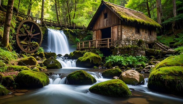 Rustic wooden mill by a waterfall