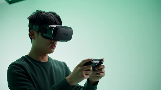 Young Man Playing Virtual Reality Game with VR Headset and Controller