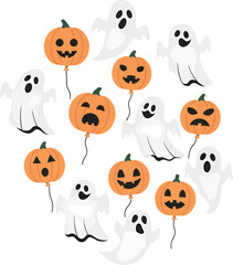 Fototapeta premium Whimsical Halloween pumpkin and ghost balloons with various expressions floating playfully.