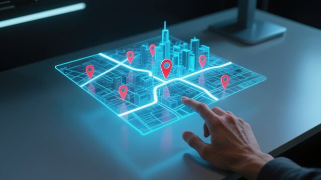 A business hand pointing on a augmented reality city map projection with glowing red pins and blue routes, highlighting route optimization software, route planner, route software