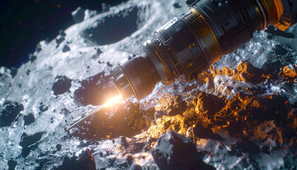 Exploring Cosmic Frontiers: An enigmatic spacecraft probe delicately touches down upon the rugged, otherworldly surface of a celestial body, in a mesmerizing display of technological prowess. 