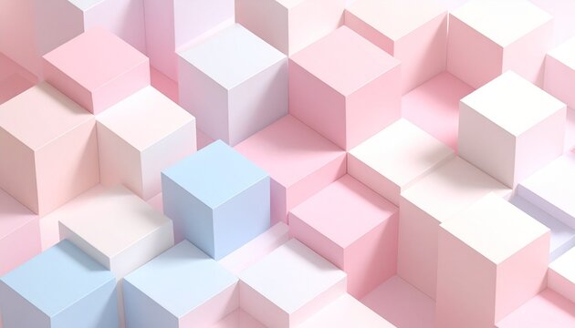 Pastel-colored cubes arranged in grid on pink surface; soft shadows, geometric symmetry, light interplay, minimalist elegance and