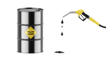 Back barrel with yellow fuel pump nozzle and fuel storage isolated on white background