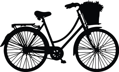 Obraz premium Silhouette of Bicycle with Flower Basket, Eco Lifestyle and Sustainable Transport Concept