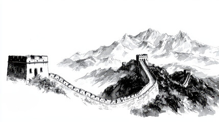 Great Wall of China stretches across mountains, showcasing intricate architecture and natural beauty in detailed ink drawing