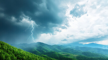 Obraz premium Dramatic mountain landscape with dark storm clouds and lightning illuminating sky, creating sense of awe and tension