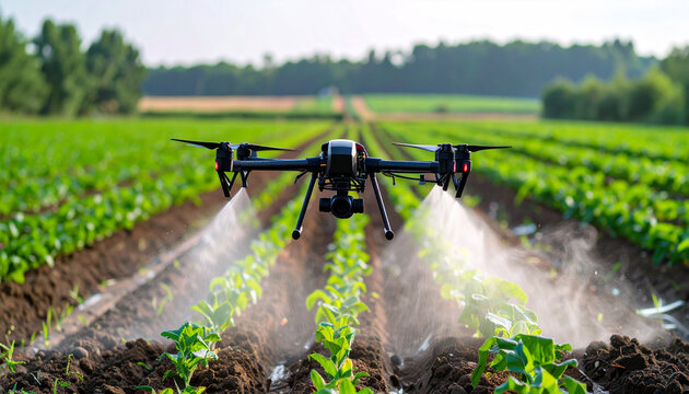 Agricultural Drone Spraying Field: An advanced drone meticulously sprays a vibrant green field, embodying agricultural technology and precision.