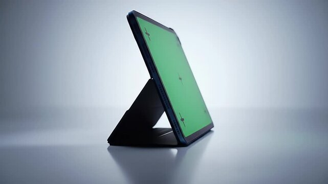 Modern Digital Tablet with Green Screen Display on Stand. Blank Chroma Key Screen Mockup for UI/UX, App, and Technology Content.
