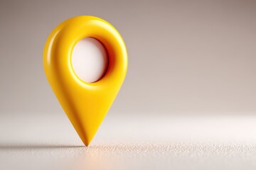 A glossy yellow location pin with a white interior on a neutral colored surface and background space