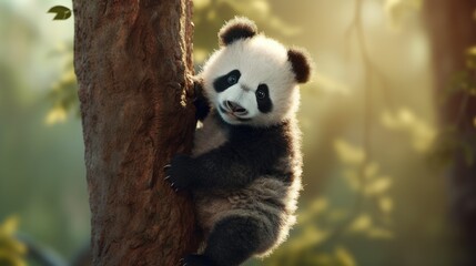 Obraz premium Panda bear sitting on a tree in the forest. 
