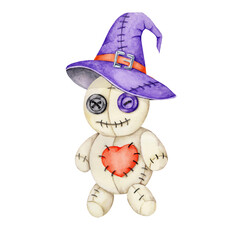 Beige voodoo doll with red heart patch, black stitches, and purple hat. Watercolor illustration and seamless pattern asset ideal for themed packaging, crafts, or Halloween cards