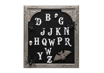 Halloween letter board with letters, spiders, bat, and skulls isolated on transparent background