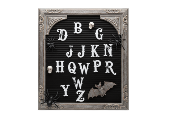 Halloween letter board with letters, spiders, bat, and skulls isolated on transparent background