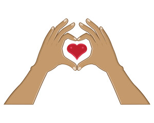 Obraz premium vector design of two hands with their fingers forming a heart symbol followed by a red heart symbol in the middle