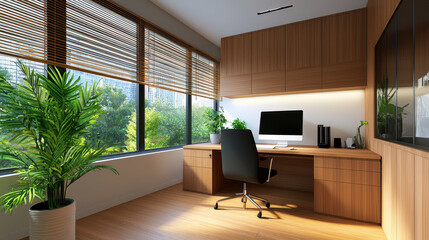 Fototapeta premium Modern office space featuring wooden desk, ergonomic chair, and large windows with natural light. calming atmosphere is enhanced by indoor plants
