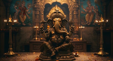 Fototapeta premium Traditional Bronze Lord Ganesha Idol in Temple with Incense Smoke